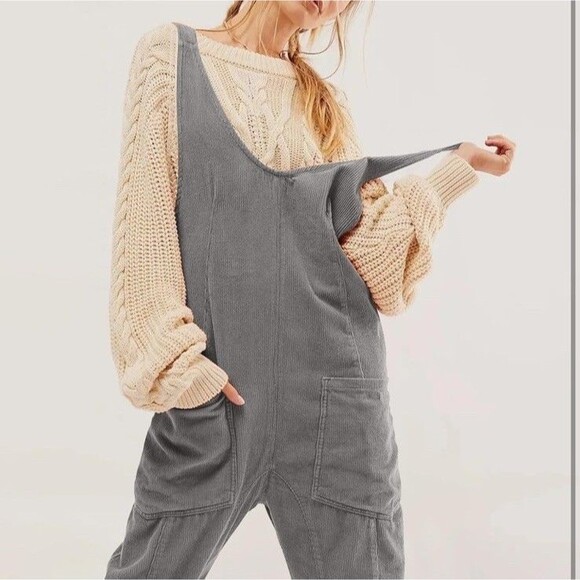 Soft NWT XL Overalls Women Dark Gray Corduroy Baggy Lagenlook Grunge Comfy - Picture 5 of 10